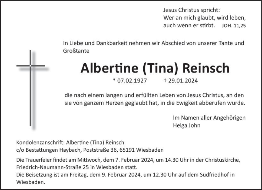  Traueranzeige für Albertine Reinsch vom 03.02.2024 aus Wiesbadener Kurier