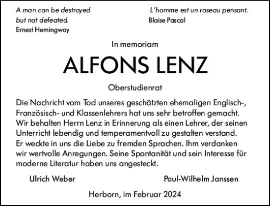 Traueranzeige von Alfons Lenz von Dill Block