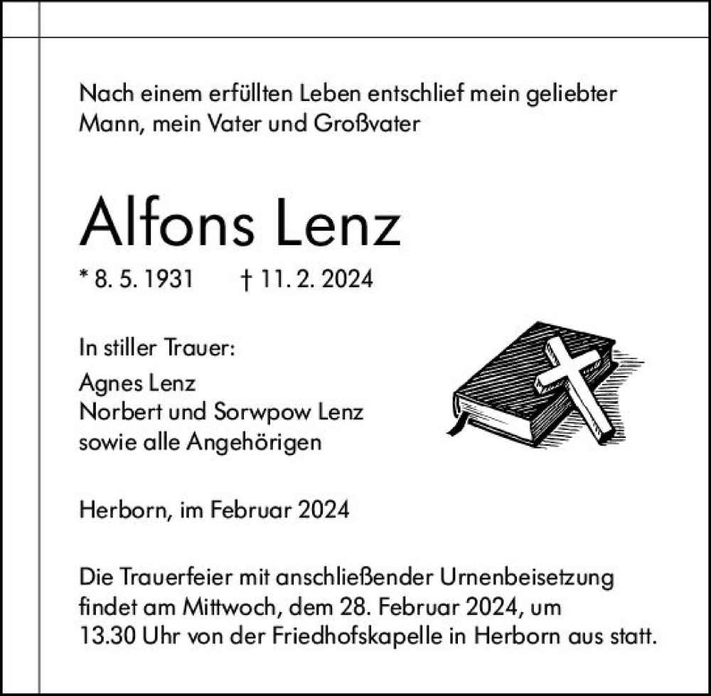  Traueranzeige für Alfons Lenz vom 23.02.2024 aus Dill Block