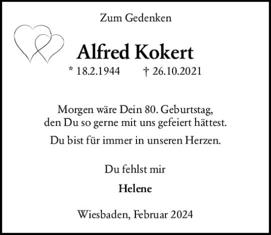 Traueranzeige von Alfred Kokert von Wiesbadener Kurier