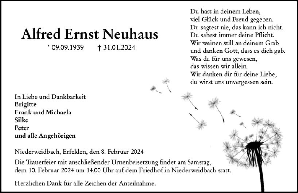  Traueranzeige für Alfred Ernst Neuhaus vom 08.02.2024 aus Wetzlarer Neue Zeitung