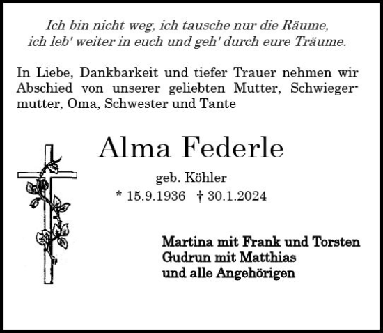 Traueranzeige von Alma Federle von Darmstädter Echo