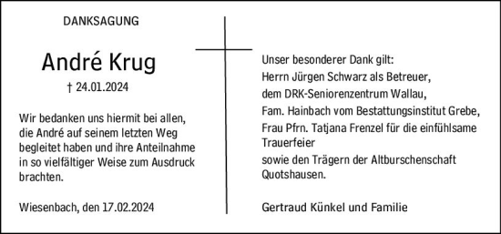 Traueranzeige von Andre Krug von Hinterländer Anzeiger