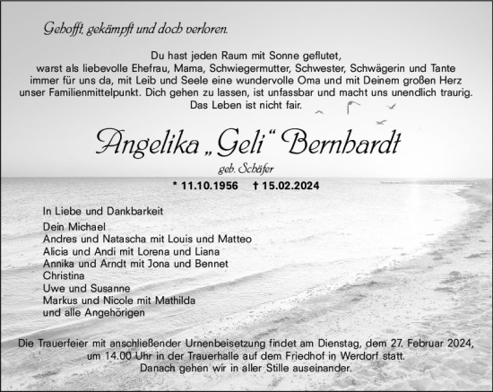 Traueranzeige von Angelika Bernhardt von Wetzlarer Neue Zeitung
