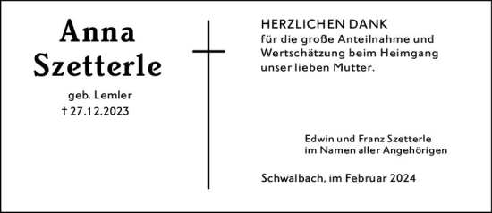 Traueranzeige von Anna Szetterle von Wetzlarer Neue Zeitung