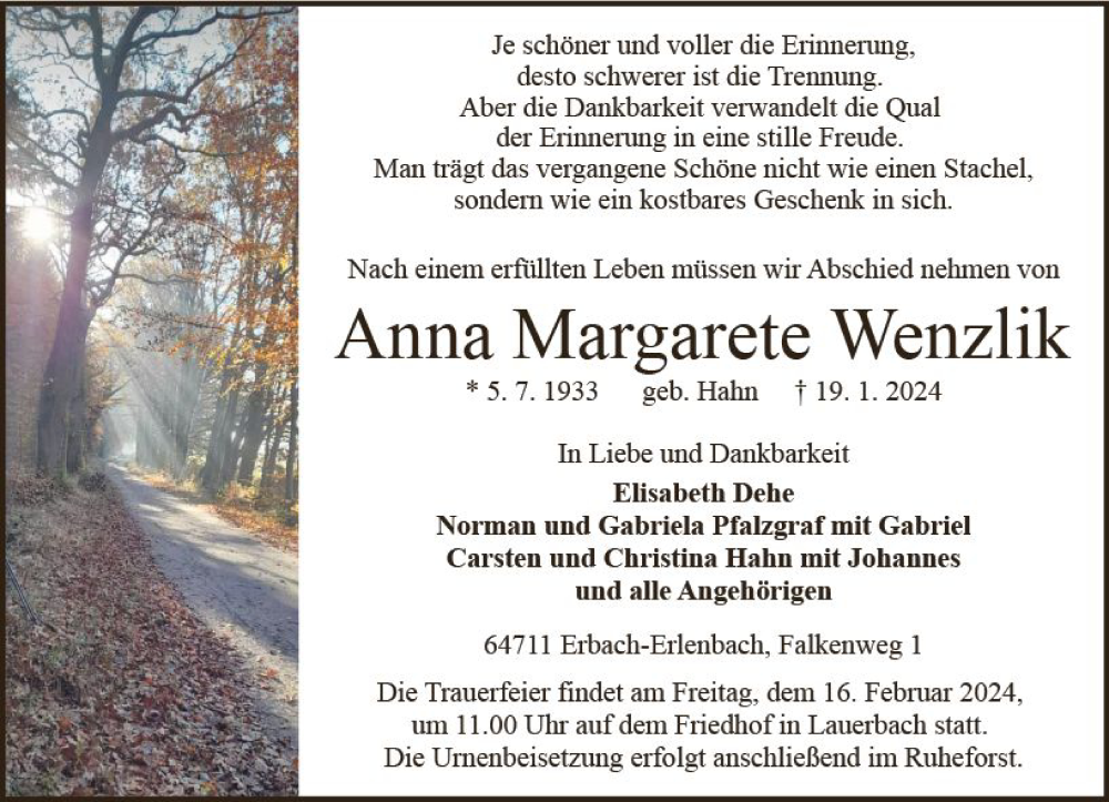  Traueranzeige für Anna Margarete Wenzlik vom 10.02.2024 aus Odenwälder Echo