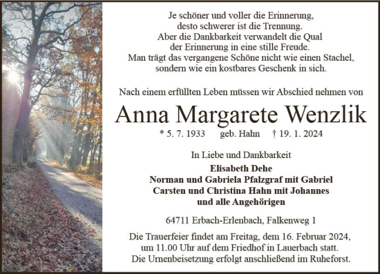 Traueranzeige von Anna Margarete Wenzlik von Odenwälder Echo