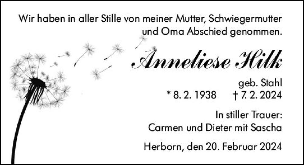  Traueranzeige für Anneliese Hilk vom 20.02.2024 aus Dill Block