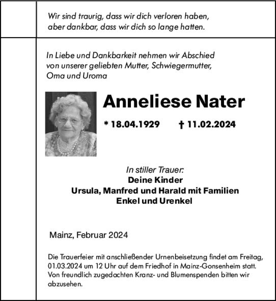  Traueranzeige für Anneliese Nater vom 24.02.2024 aus Allgemeine Zeitung Mainz