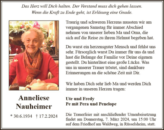 Traueranzeige von Anneliese Nauheimer von Rüsselsheimer Echo