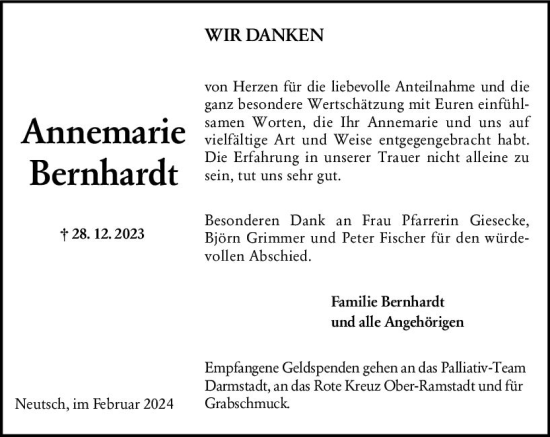 Traueranzeige von Annemarie Bernhardt von Darmstädter Echo