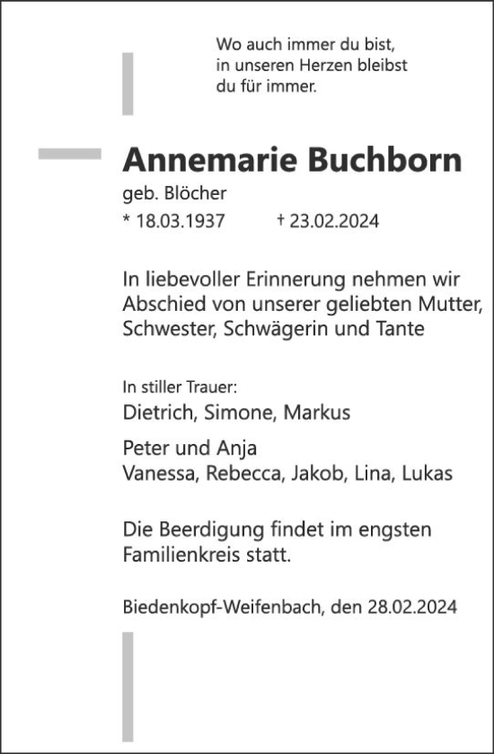 Traueranzeige von Annemarie Buchborn von Hinterländer Anzeiger