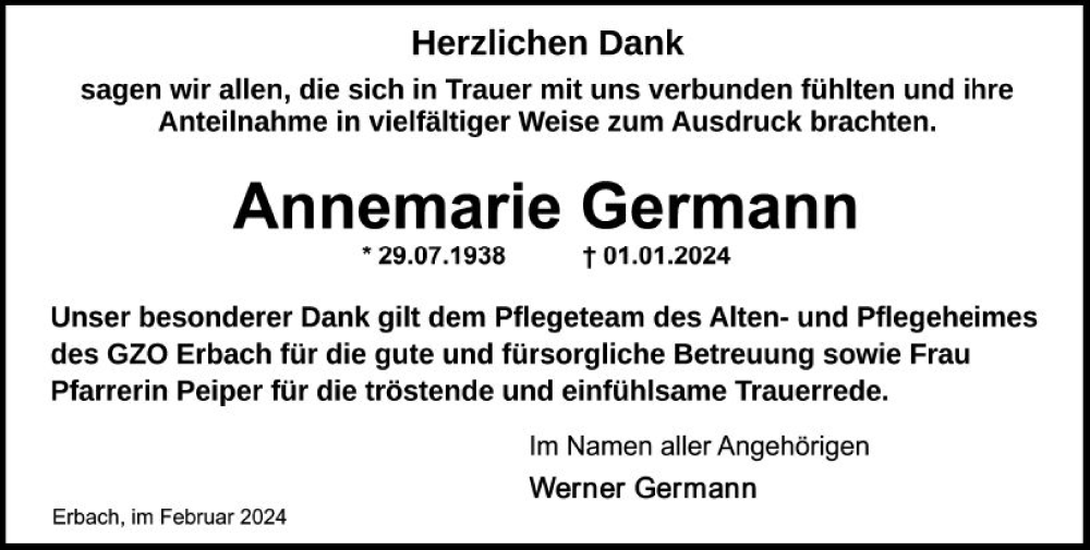  Traueranzeige für Annemarie Germann vom 17.02.2024 aus Odenwälder Echo