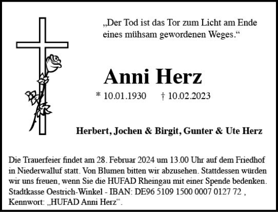 Traueranzeige von Anni Herz von Rheingau Kurier