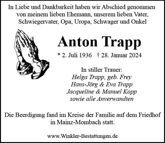 Traueranzeige von Anton Trapp von Allgemeine Zeitung Mainz