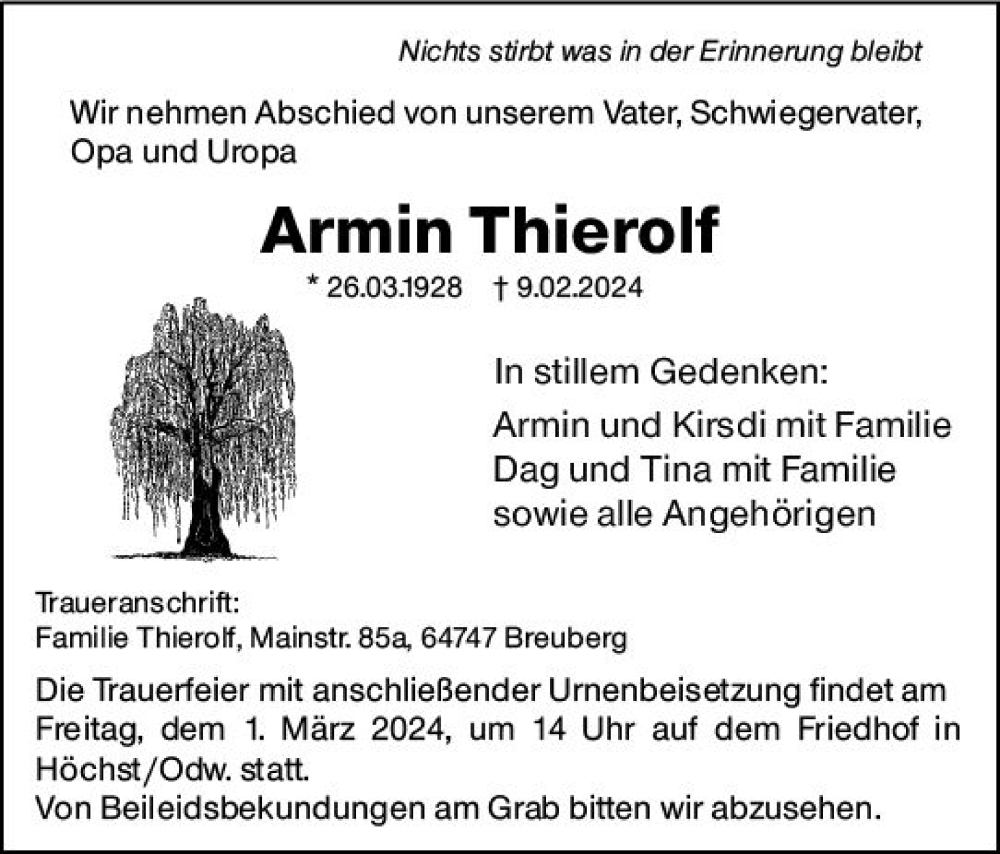  Traueranzeige für Armin Thierolf vom 24.02.2024 aus Odenwälder Echo