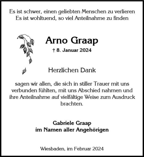 Traueranzeige von Arno Graap von Wiesbadener Kurier