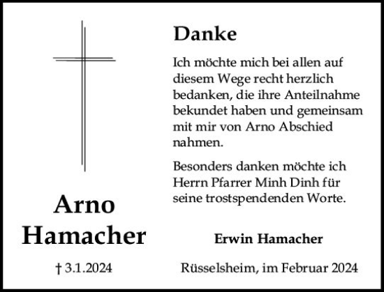Traueranzeige von Arno Hamacher von Rüsselsheimer Echo