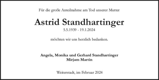 Traueranzeige von Astrid Standhartinger von Darmstädter Echo