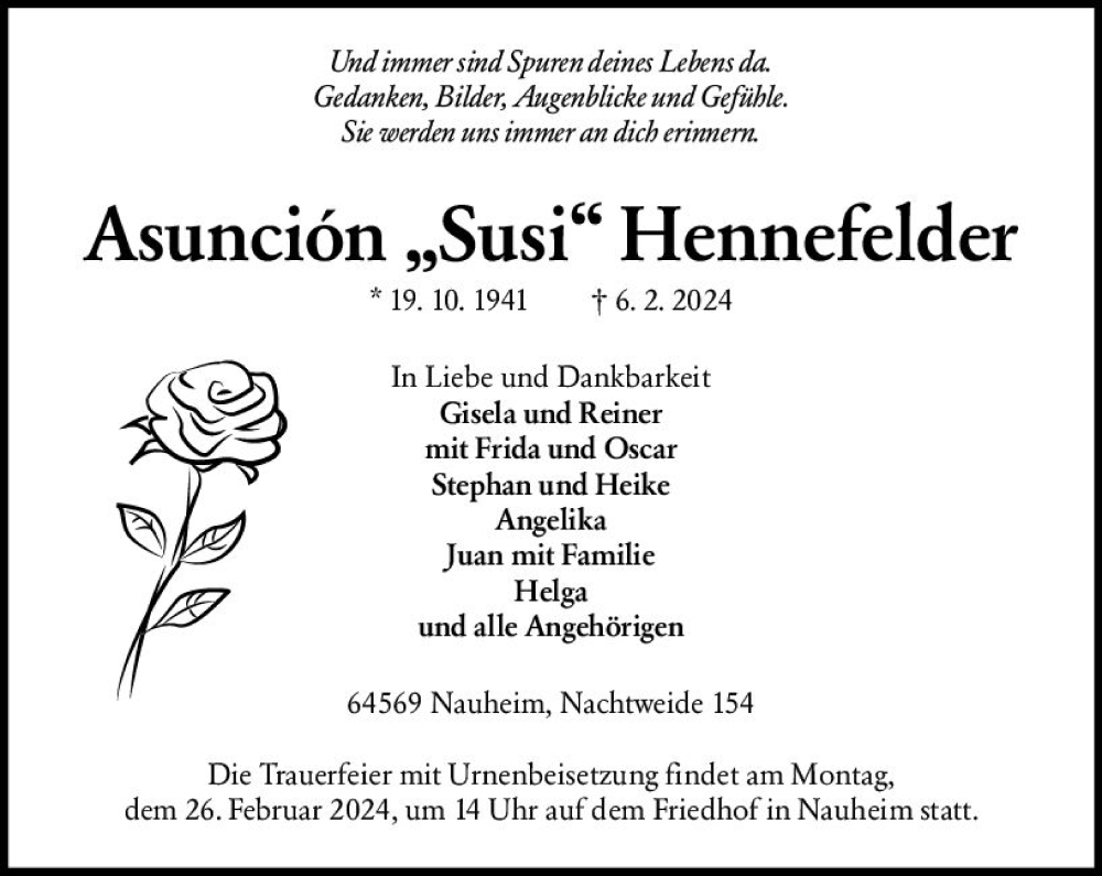  Traueranzeige für Asuncion Hennefelder vom 17.02.2024 aus Rüsselsheimer Echo