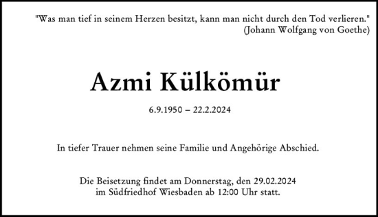 Traueranzeige von Azmi Külkömür von Wiesbadener Kurier