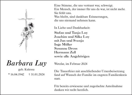 Traueranzeige von Barbara Luy von Wetzlarer Neue Zeitung