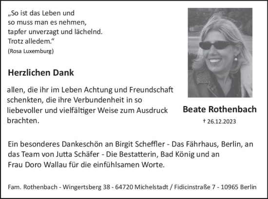 Traueranzeige von Beate Rothenbach von Odenwälder Echo