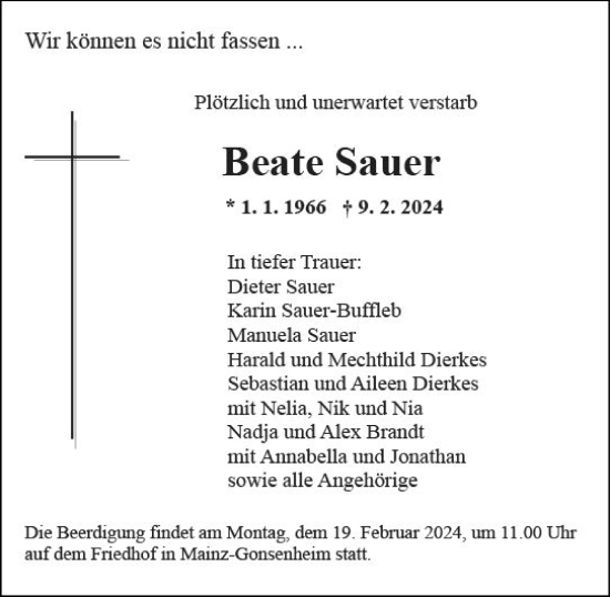 Traueranzeige von Beate Sauer von Allgemeine Zeitung Mainz