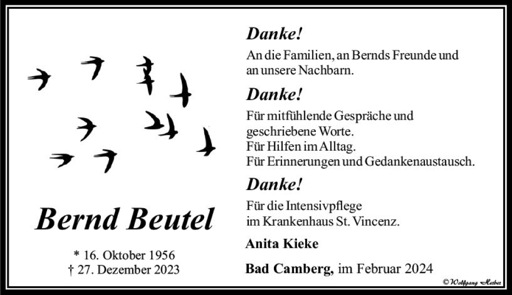  Traueranzeige für Bernd Beutel vom 22.02.2024 aus Camberger Anzeiger