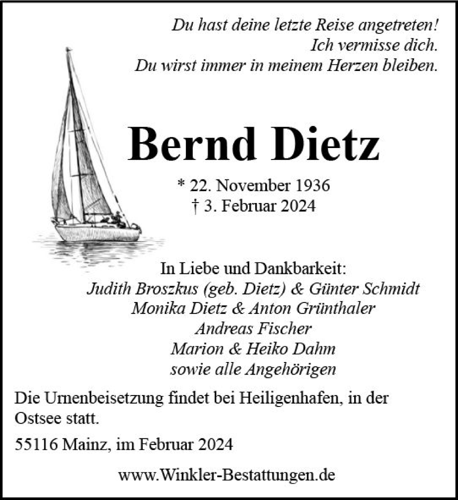  Traueranzeige für Bernd Dietz vom 10.02.2024 aus Allgemeine Zeitung Bingen/Ingelheim