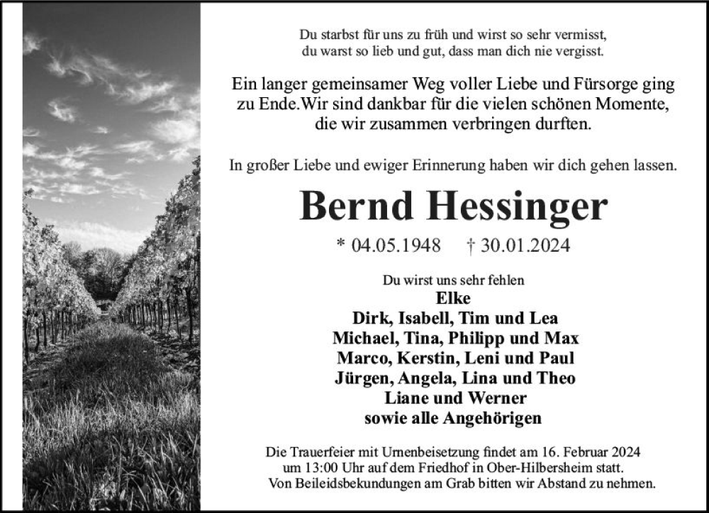  Traueranzeige für Bernd Hessinger vom 10.02.2024 aus Allgemeine Zeitung Bingen/Ingelheim