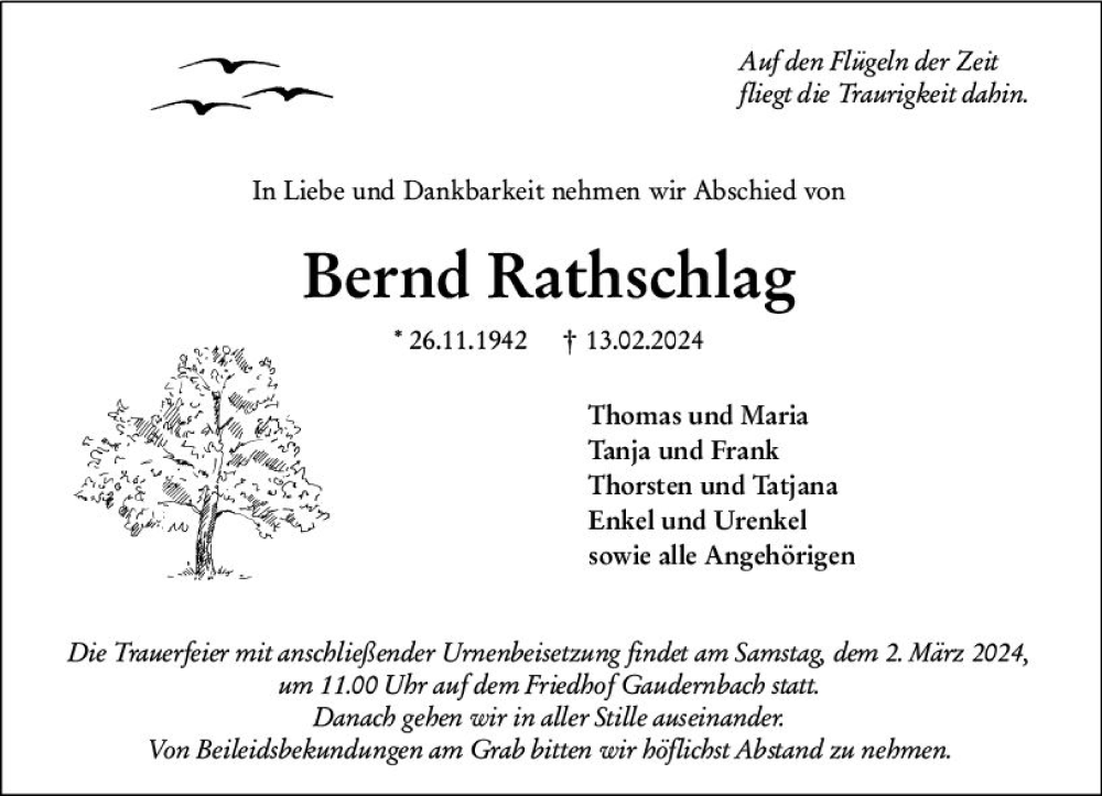  Traueranzeige für Bernd Rathschlag vom 24.02.2024 aus Weilburger Tageblatt