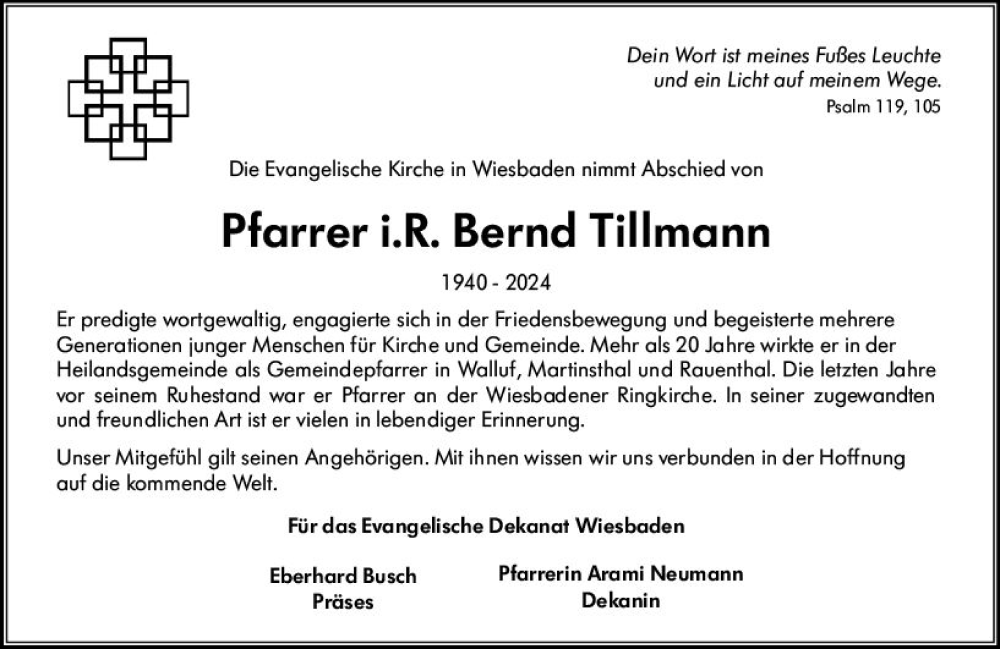  Traueranzeige für Bernd Tillmann vom 07.02.2024 aus Wiesbadener Kurier