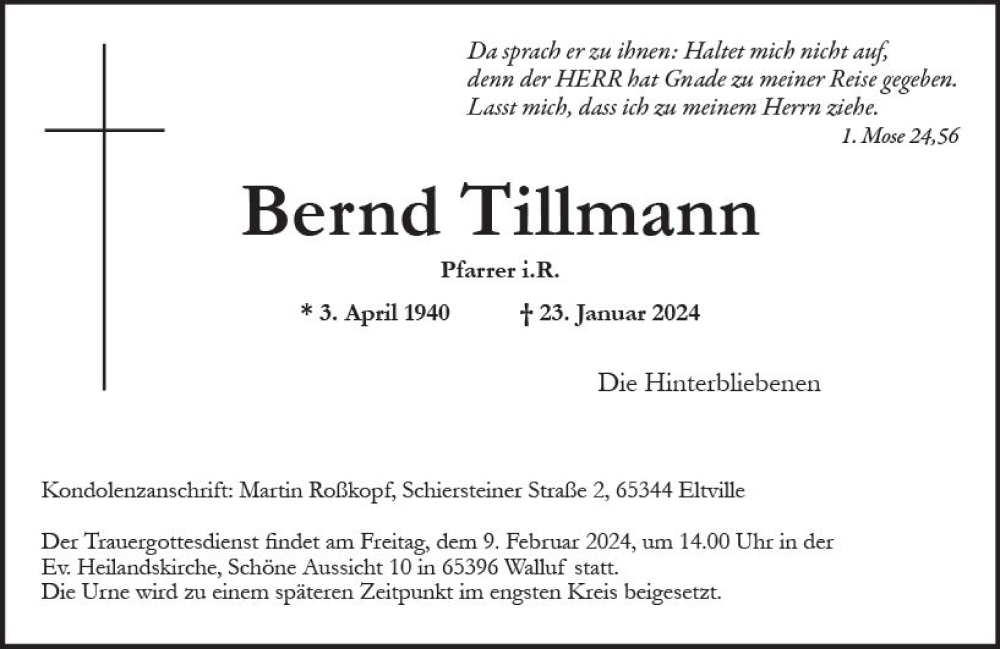  Traueranzeige für Bernd Tillmann vom 03.02.2024 aus Wiesbadener Kurier