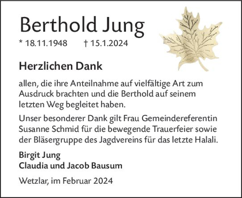  Traueranzeige für Berthold Jung vom 24.02.2024 aus Wetzlarer Neue Zeitung