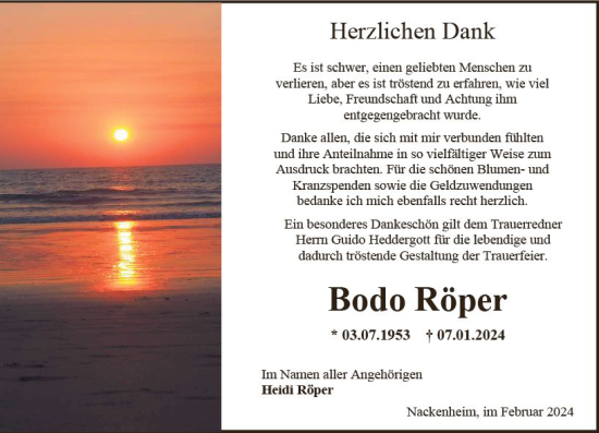 Traueranzeige von Bodo Röper von Allgemeine Zeitung Mainz