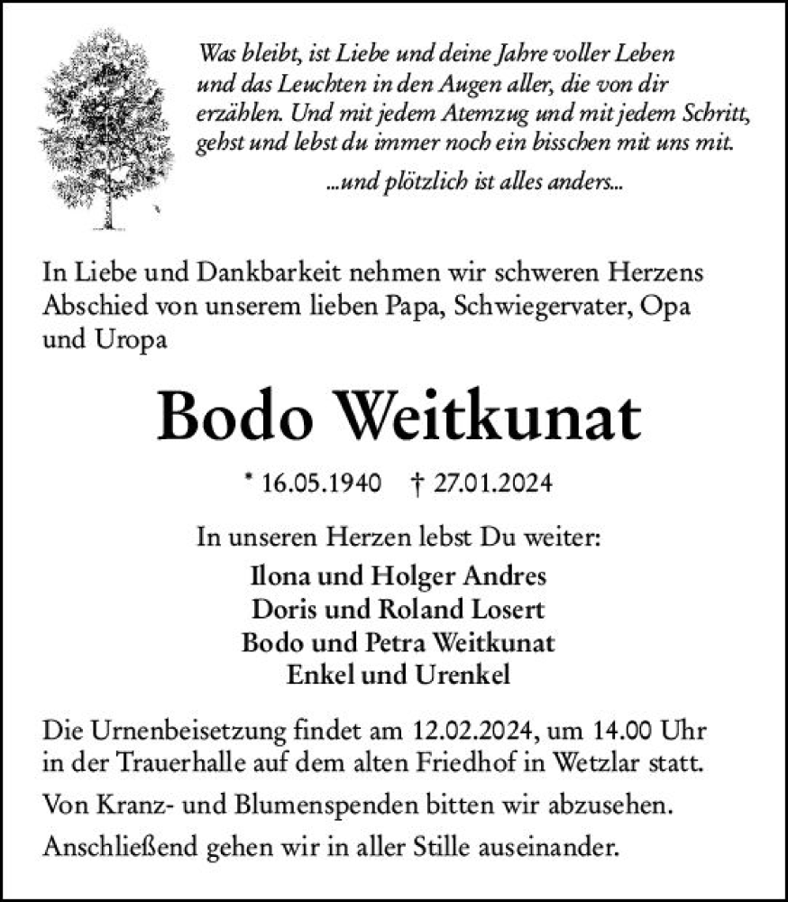  Traueranzeige für Bodo Weitkunat vom 10.02.2024 aus Wetzlarer Neue Zeitung