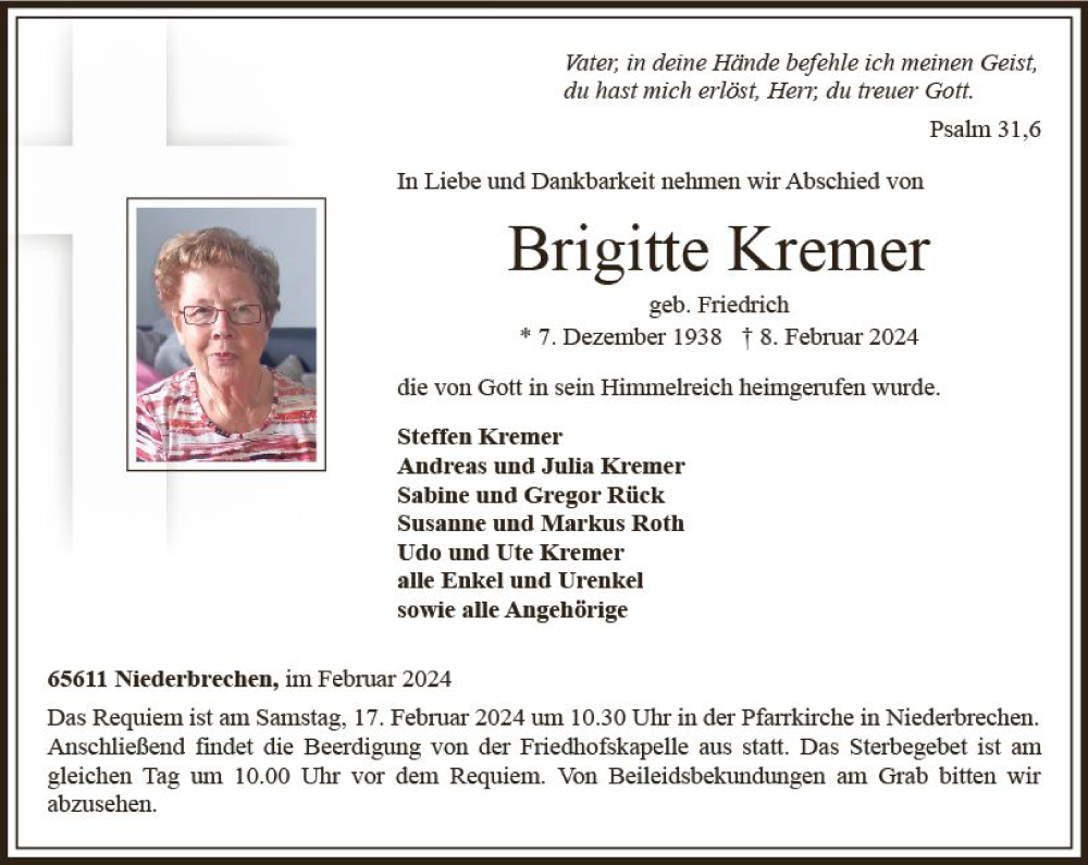  Traueranzeige für Brigitte Kremer vom 10.02.2024 aus Nassauische Neue Presse