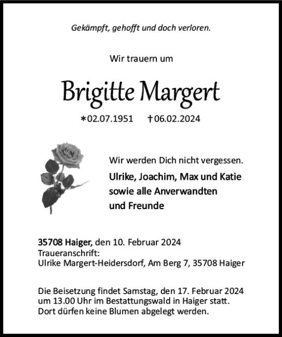 Traueranzeige von Brigitte Margert von Dill Block