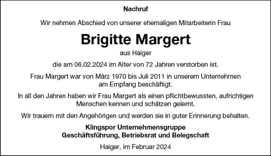 Traueranzeige von Brigitte Margert von Dill Block