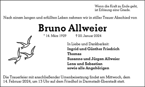 Traueranzeige von Bruno Allweier von Darmstädter Echo