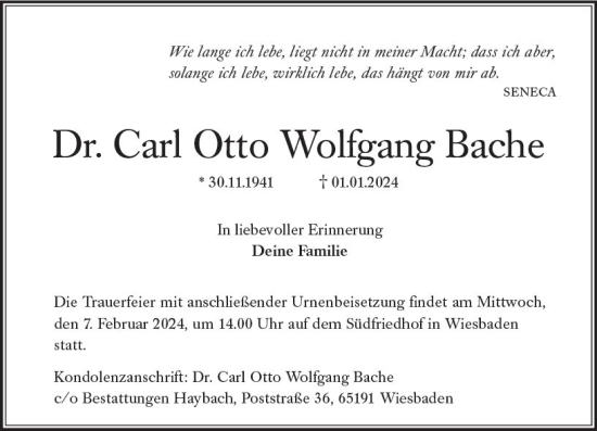 Traueranzeige von Carl Otto Wolfgang Bache von Wiesbadener Kurier