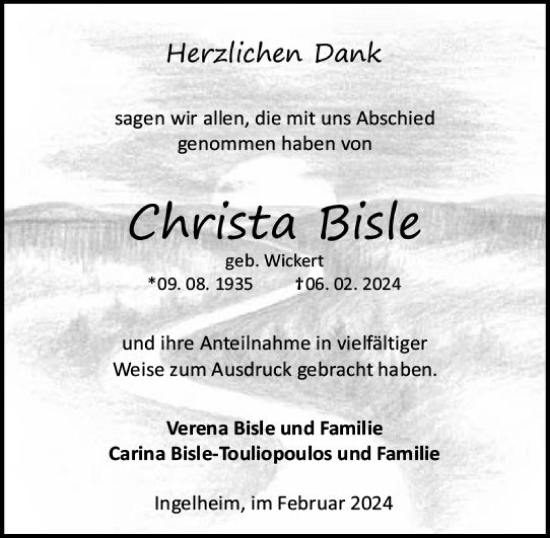 Traueranzeige von Christa Bisle von Allgemeine Zeitung Bingen/Ingelheim