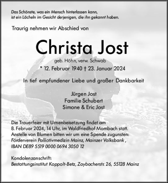 Traueranzeige von Christa Jost von Wiesbadener Kurier