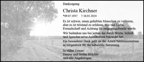 Traueranzeige von Christa Kirchner von Allgemeine Zeitung Mainz