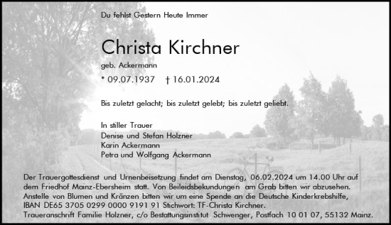 Traueranzeige von Christa Kirchner von Allgemeine Zeitung Mainz