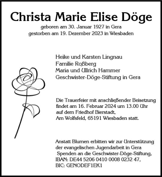 Traueranzeige von Christa Marie Elise Döge von Wiesbadener Kurier