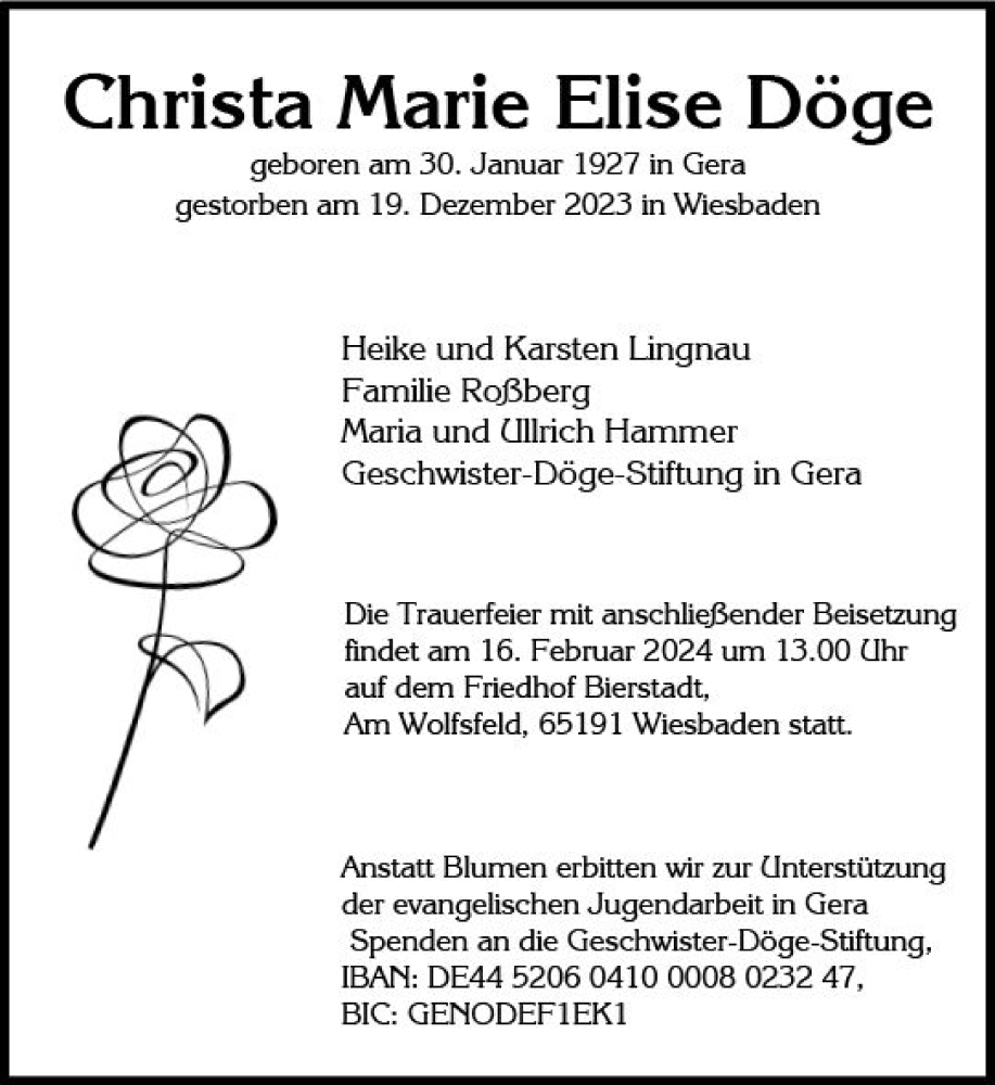  Traueranzeige für Christa Marie Elise Döge vom 10.02.2024 aus Wiesbadener Kurier