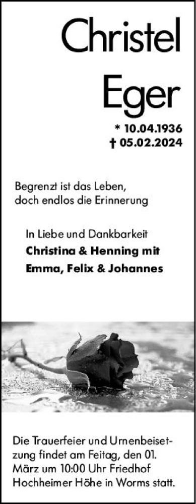 Traueranzeige von Christel Eger von Wormser Zeitung