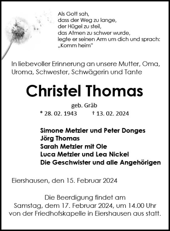 Traueranzeige von Christel Thomas von Dill Block